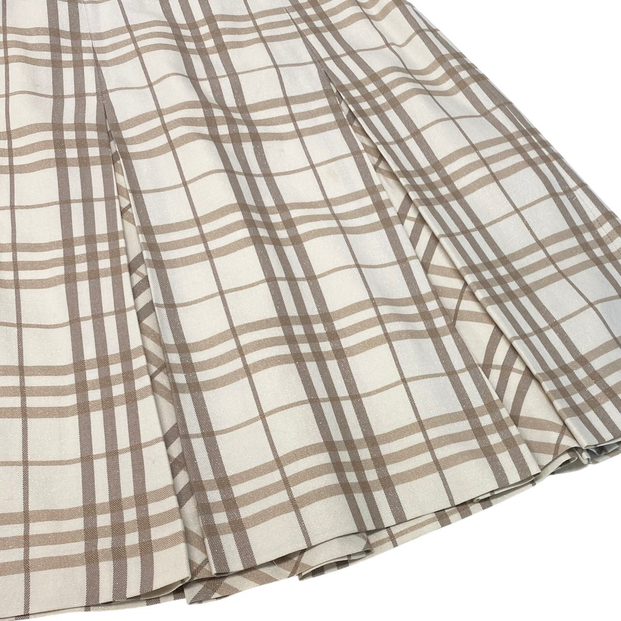 Ig6 BURBERRY LONDON バーバリー ラメ混 タックスカート チェック柄 サイズ34 ベージュ アイボリー ウール レディースo07t