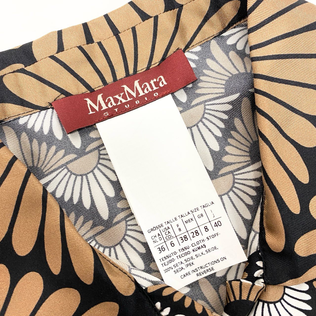 72j15《美品》MaxMara マックスマーラ シルクシャツ 長袖シャツ 幾何学模様 40サイズ ブラウン ホワイト ブラック レディースu02t