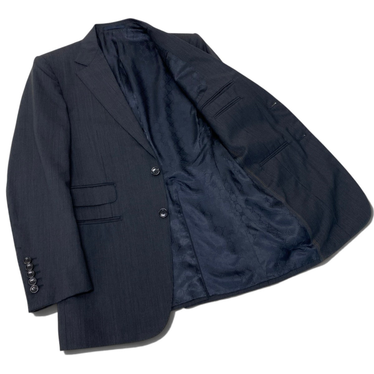 22i28 【美品】 GUCCI グッチ セットアップスーツ 2B 裏地GG柄 総柄 チェンジポケット サイズ44R ネイビー メンズ 紳士服k02i