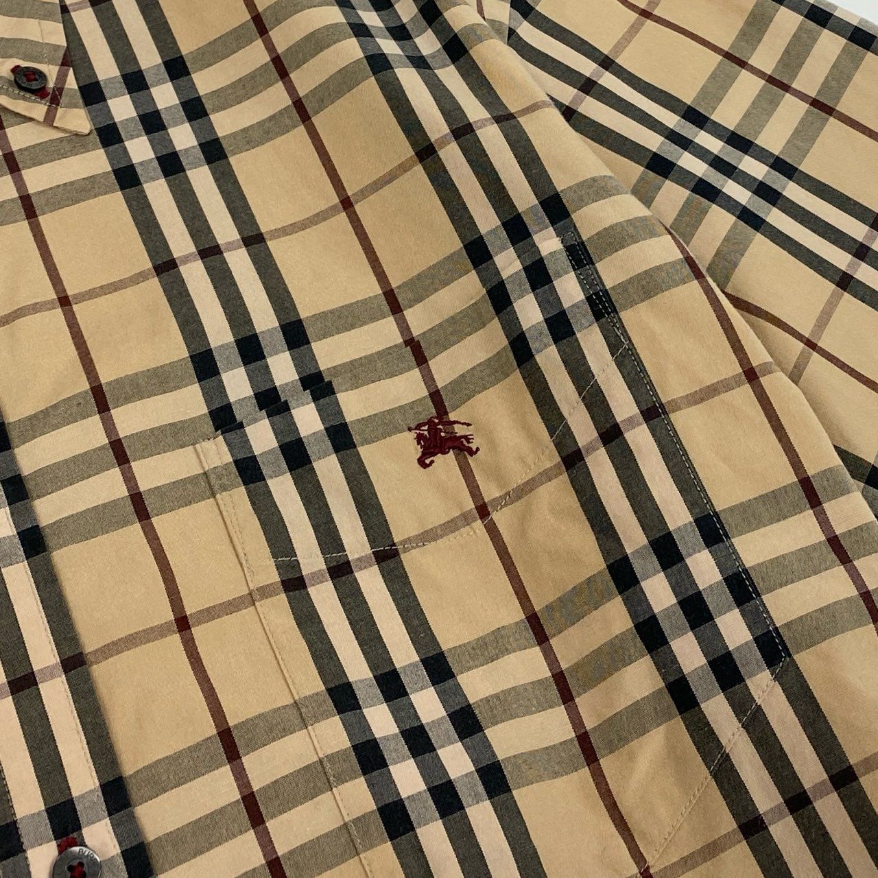 Ic2 BURBERRY BLACK LABEL バーバリーブラックレーベル 半袖シャツ トップス ノバチェック ホース刺繡 3 ベージュ系 コットン メンズu02t