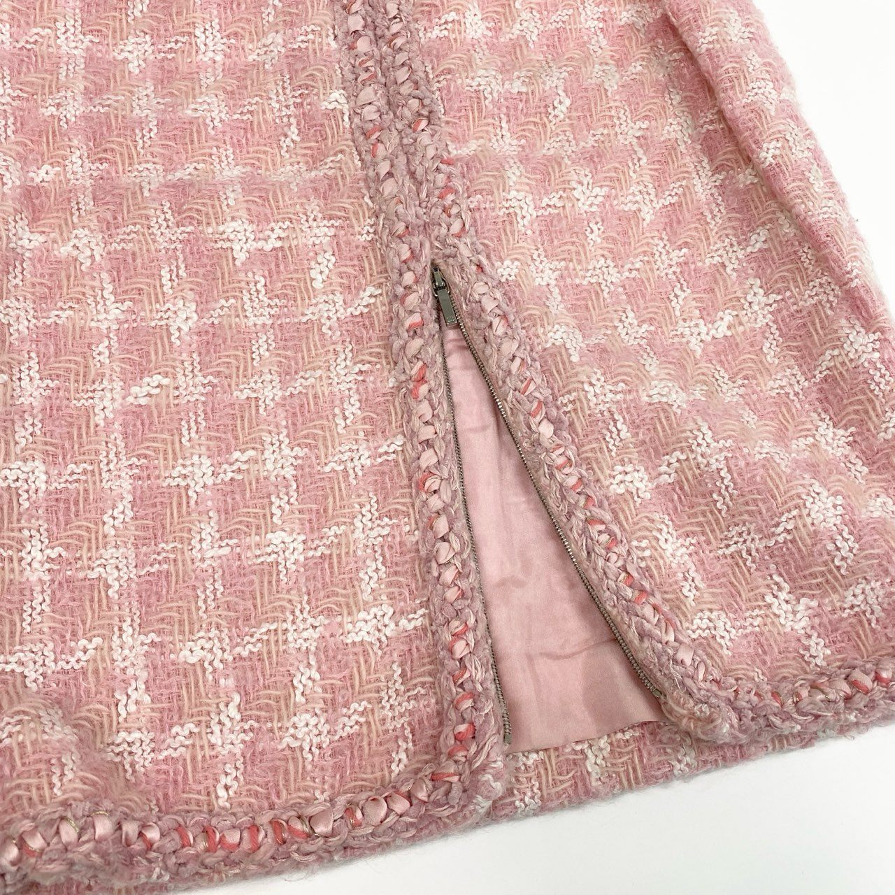 60a14 CHANEL シャネル 2014 collection P50302 グリポア ツイードトリムスカート ダブルジップ サイズ34 ピンク レディースta1