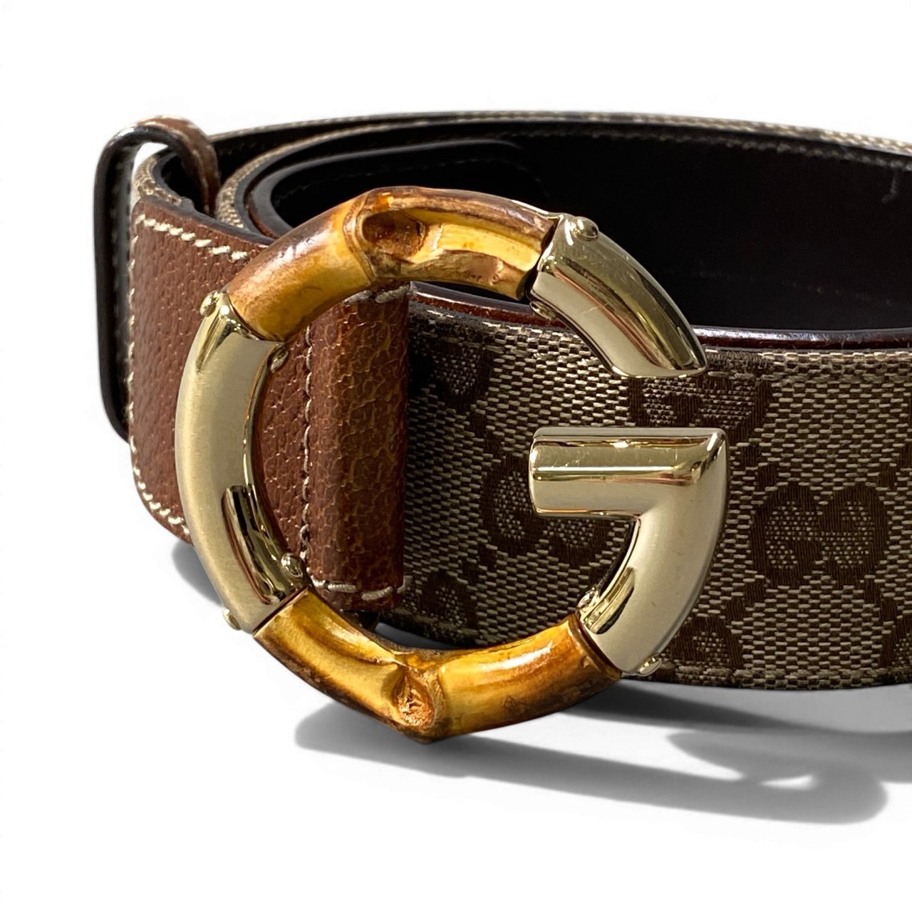 d9 GUCCI グッチ GGキャンバス バンブーバックル ベルト ベージュ系 レザー キャンバス レディースu02t