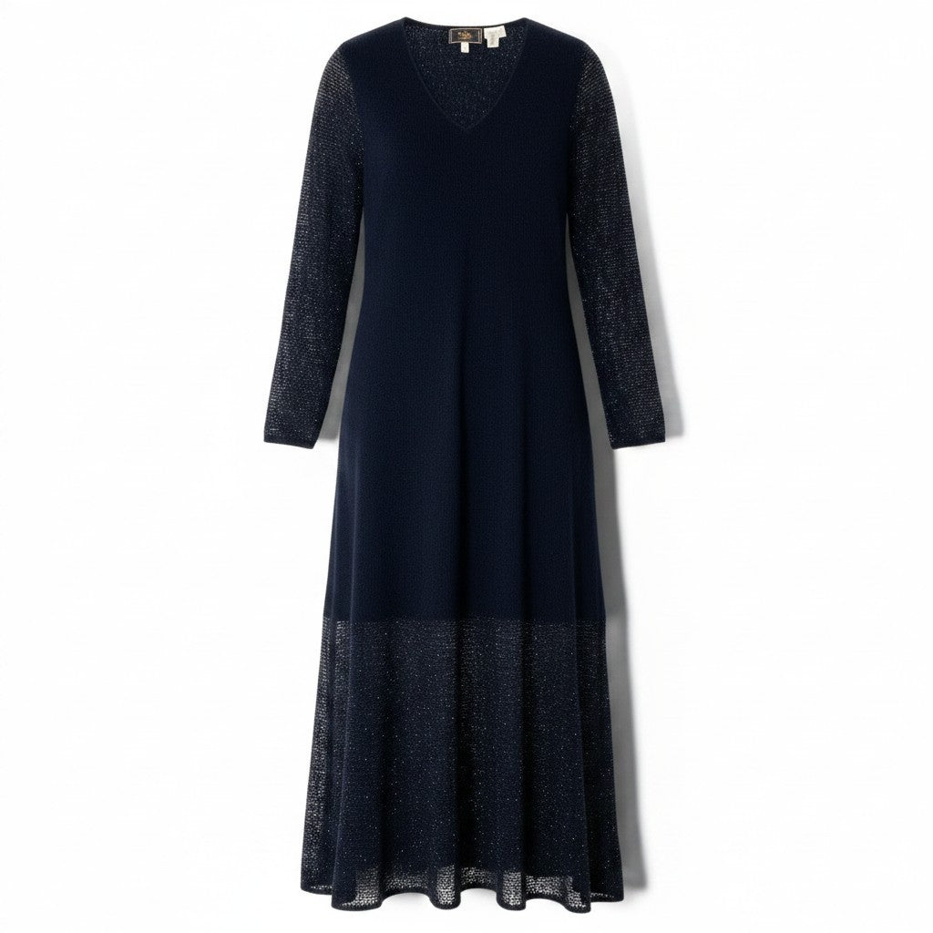 11e29 FENDI フェンディ 切替ニット ロングワンピース Vネック シアースリーブ サイズ40 ブラック レディース 女性服o07t