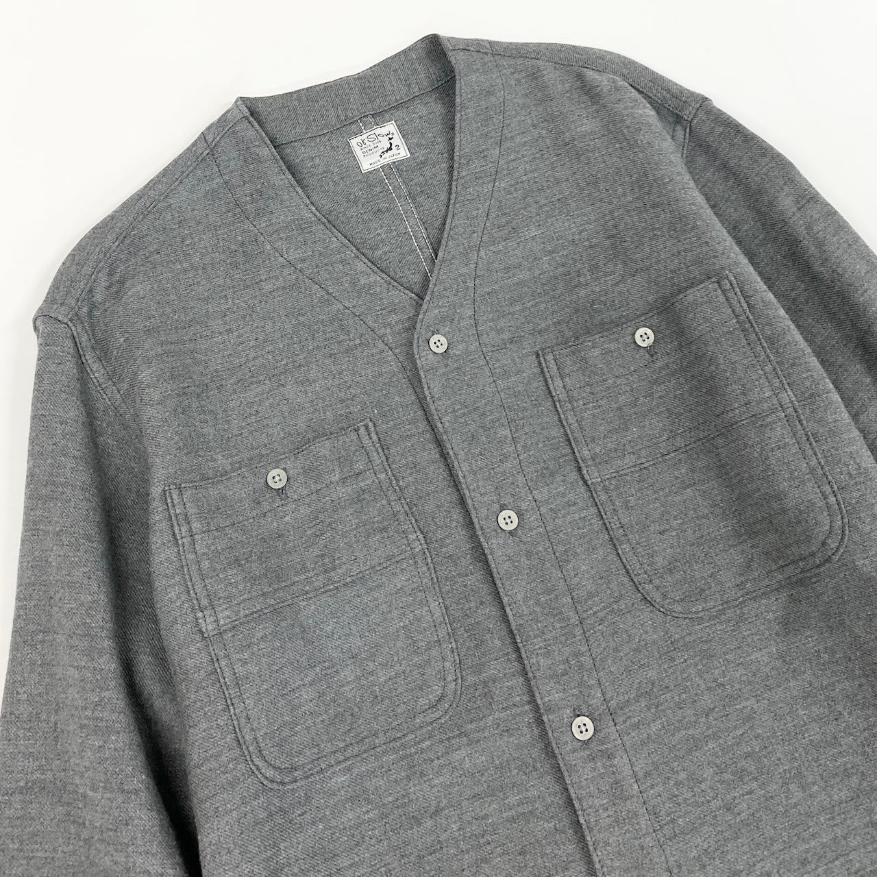 56d27 orSlow オアスロウ ノーカラーシャツ ロングシャツジャケット オーバーサイズ チェック柄切替 コットンウール 日本製 サイズ2 グレー ネイビー メンズ 紳士服u02t