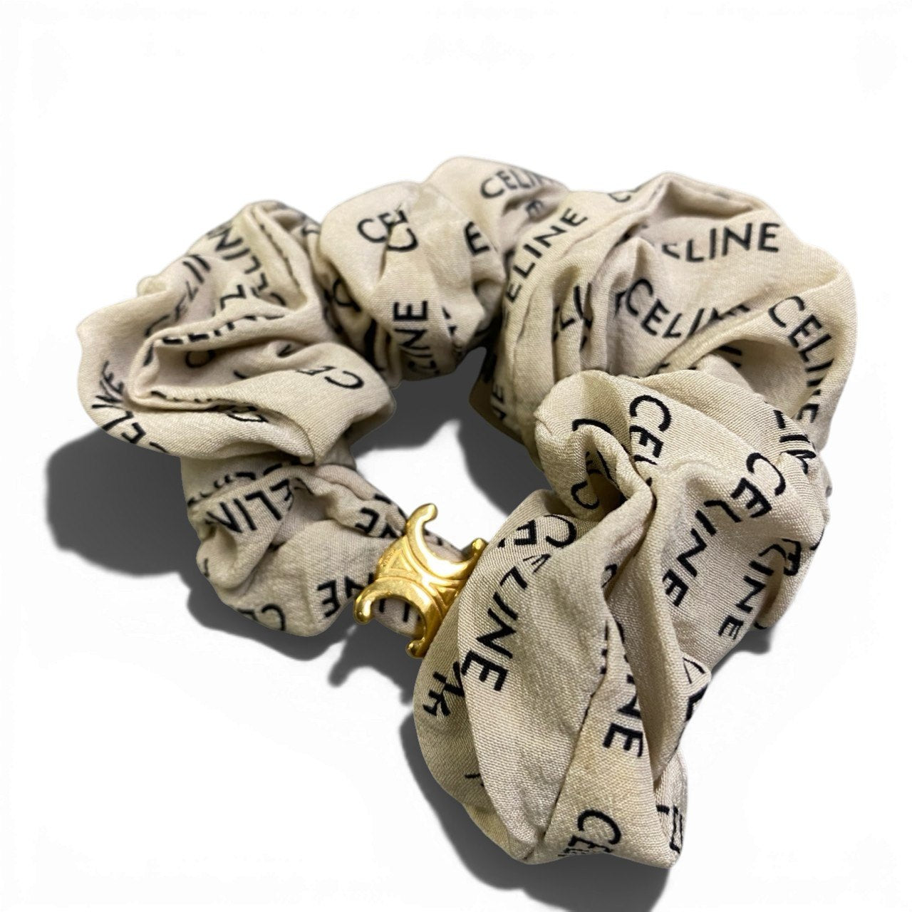 b16 CELINE セリーヌ ロゴ シュシュ ヘアアクセサリー トリオンフ ゴールド金具 グリーン シルク フランス製ta1