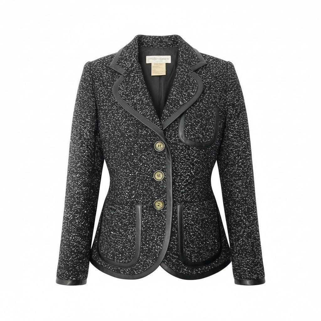 76d9 Yves Saint Laurent イヴサンローラン ツイードジャケット テーラードジャケット ラメニット レザーパイピング ウール混 フランス42 ブラック レディース 女性用o07t