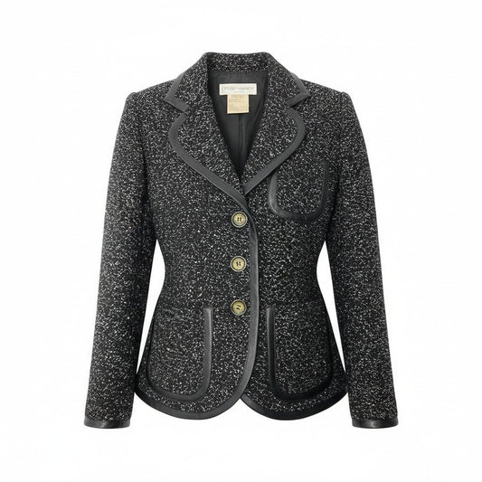 76d9 Yves Saint Laurent イヴサンローラン ツイードジャケット テーラードジャケット ラメニット レザーパイピング ウール混 フランス42 ブラック レディース 女性用o07t