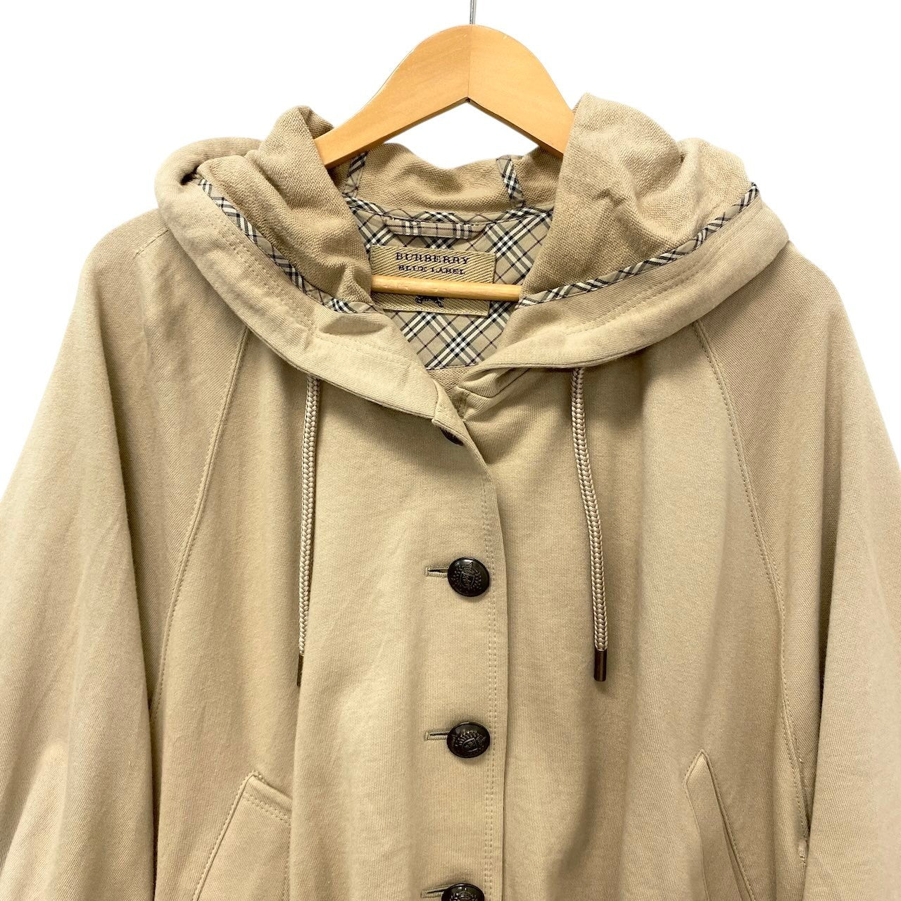 86c31 BURBERRY BLUE LABEL バーバリー ブルーレーベル フード付き コットンポンチョ サイズ38 ベージュ ケープ 日本製t18r