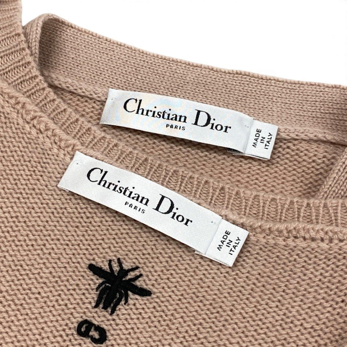 Ej15 【美品】 Christian Dior クリスチャンディオール アンサンブルニット トライバル Bee刺繡 354W01AM082 サイズ36 ピンクベージュ カシミヤ100％ レディースo07t
