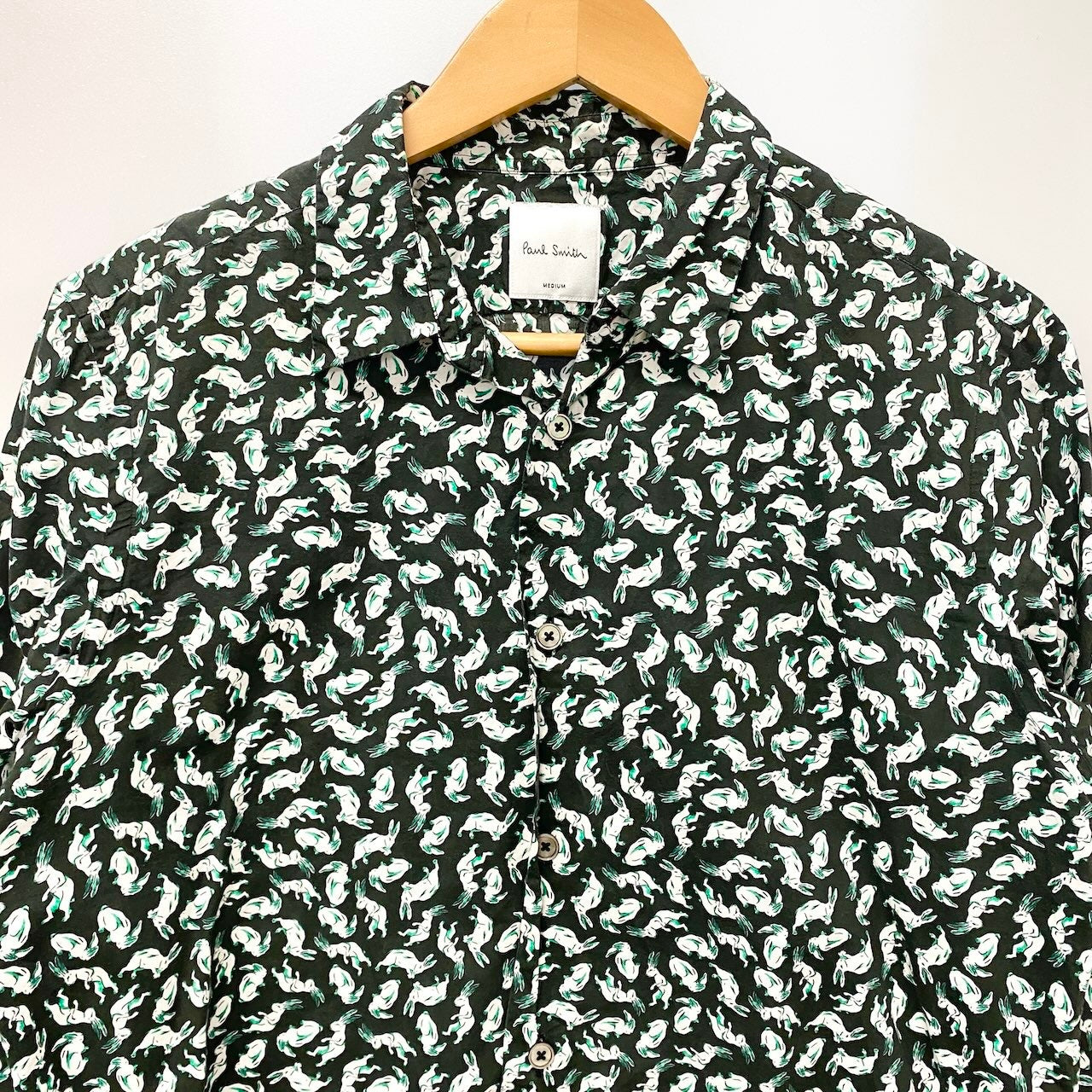 67e14 Paul Smith ポールスミス ロングスリーブシャツ コットンシャツ ウサギ柄 日本製 Mサイズ ブラック系 コットン100％ メンズ 男性用u02t