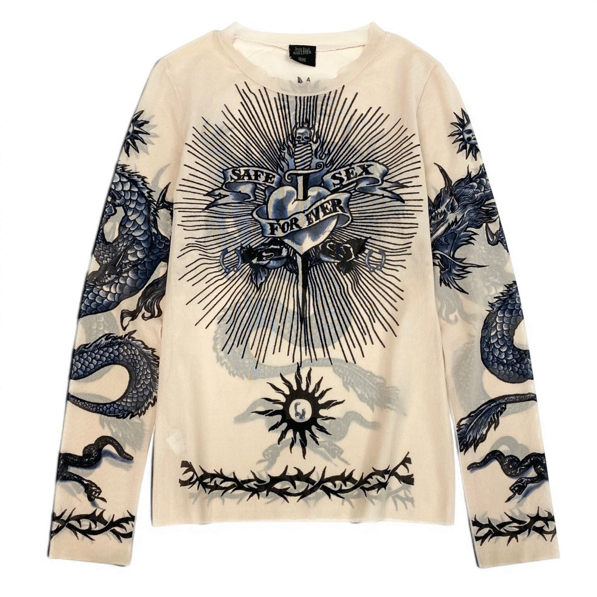 Ae14 Jean Paul GAULTIER FEMME ジャンポールゴルチエ フェム パワーネット タトゥードラゴン メッシュカットソー 長袖 サイズ40 アイボリー レディース 女性服k02i