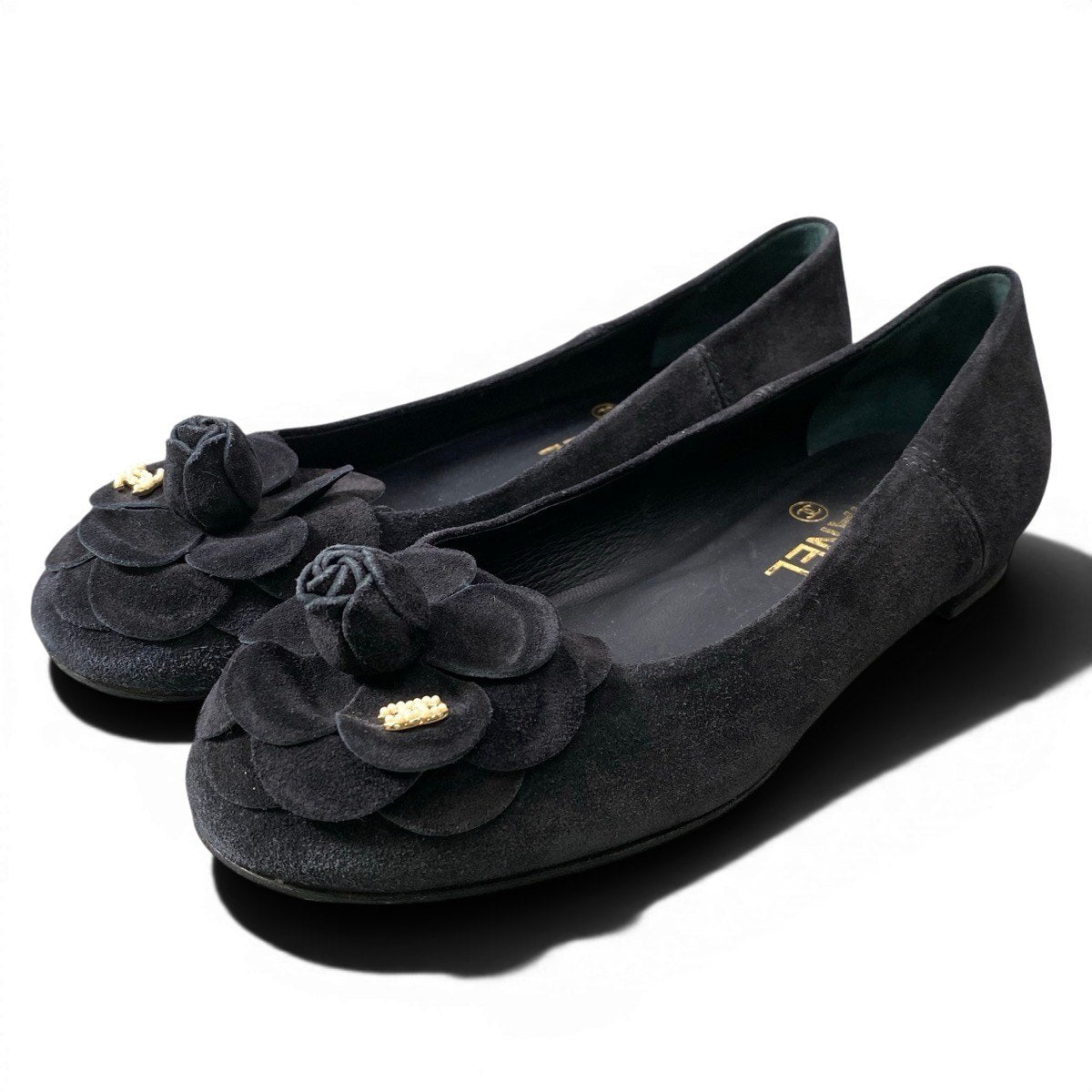 f24 CHANEL フラットシューズ カメリア ココマーク パンプス G32162 36 1/2 サイズ ブラック ベルベット レディース 女性用o07t