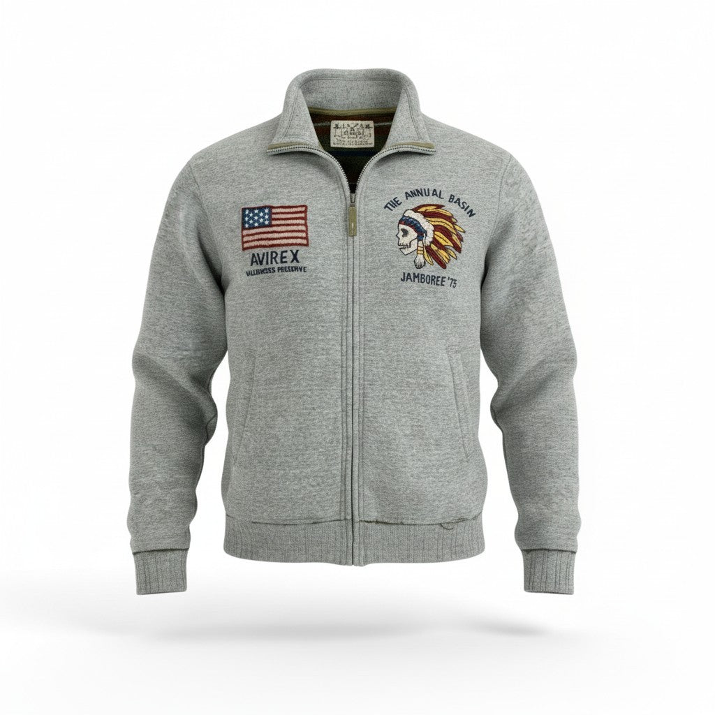29l14 AVIREX アヴィレックス NATIVE EMB TRACK JKT 裏起毛スタンドジップアップジャケット 6113165 2XLサイズ グレー メンズo07t