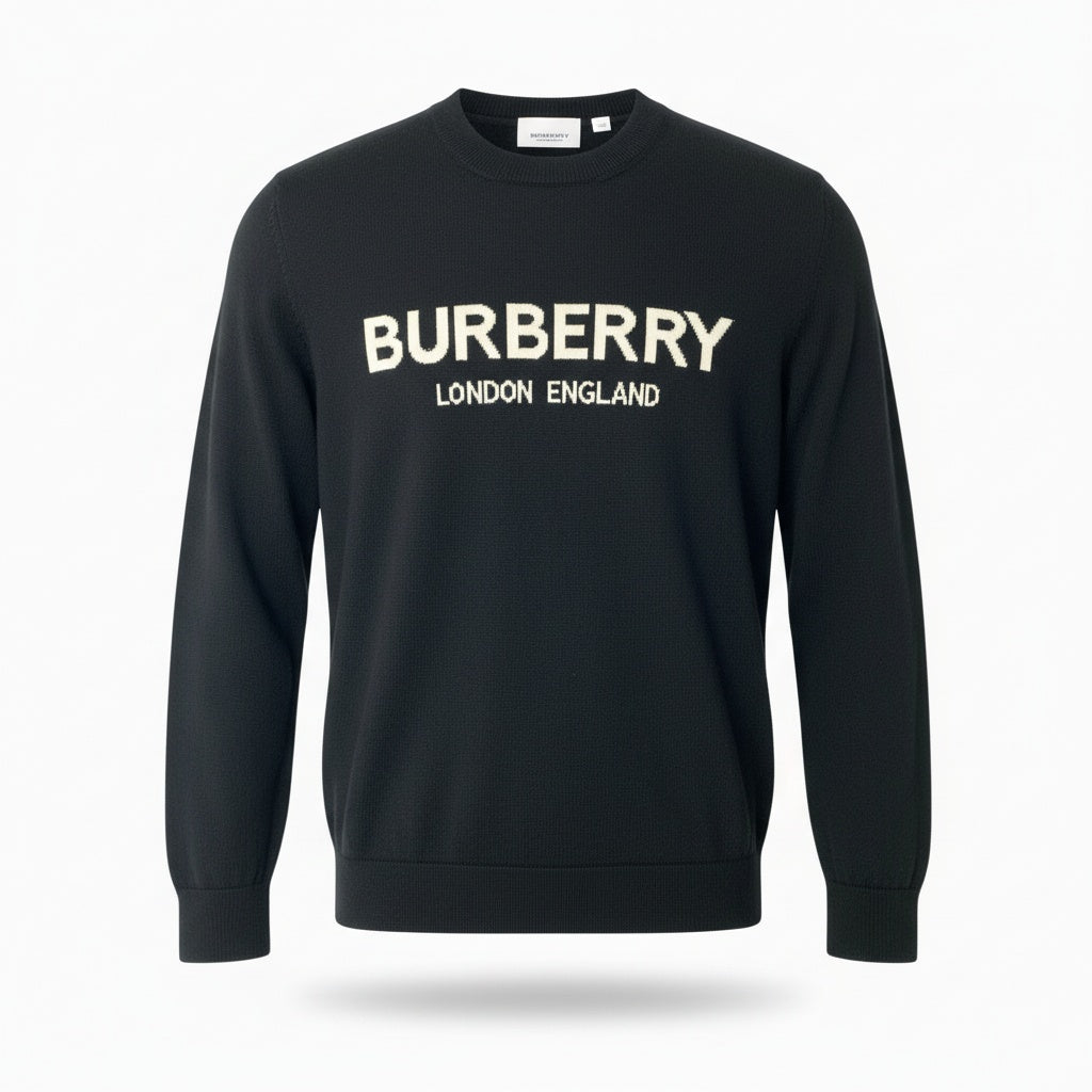82a29 BURBERRY LONDON ENGLAND バーバリー ロンドンイングランド 長袖ニットセーター 胸元ブランドロゴ トップス イタリア製 Lサイズ ブラック ホワイト メンズ 男性用o07t