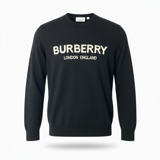 82a29 BURBERRY LONDON ENGLAND バーバリー ロンドンイングランド 長袖ニットセーター 胸元ブランドロゴ トップス イタリア製 Lサイズ ブラック ホワイト メンズ 男性用o07t
