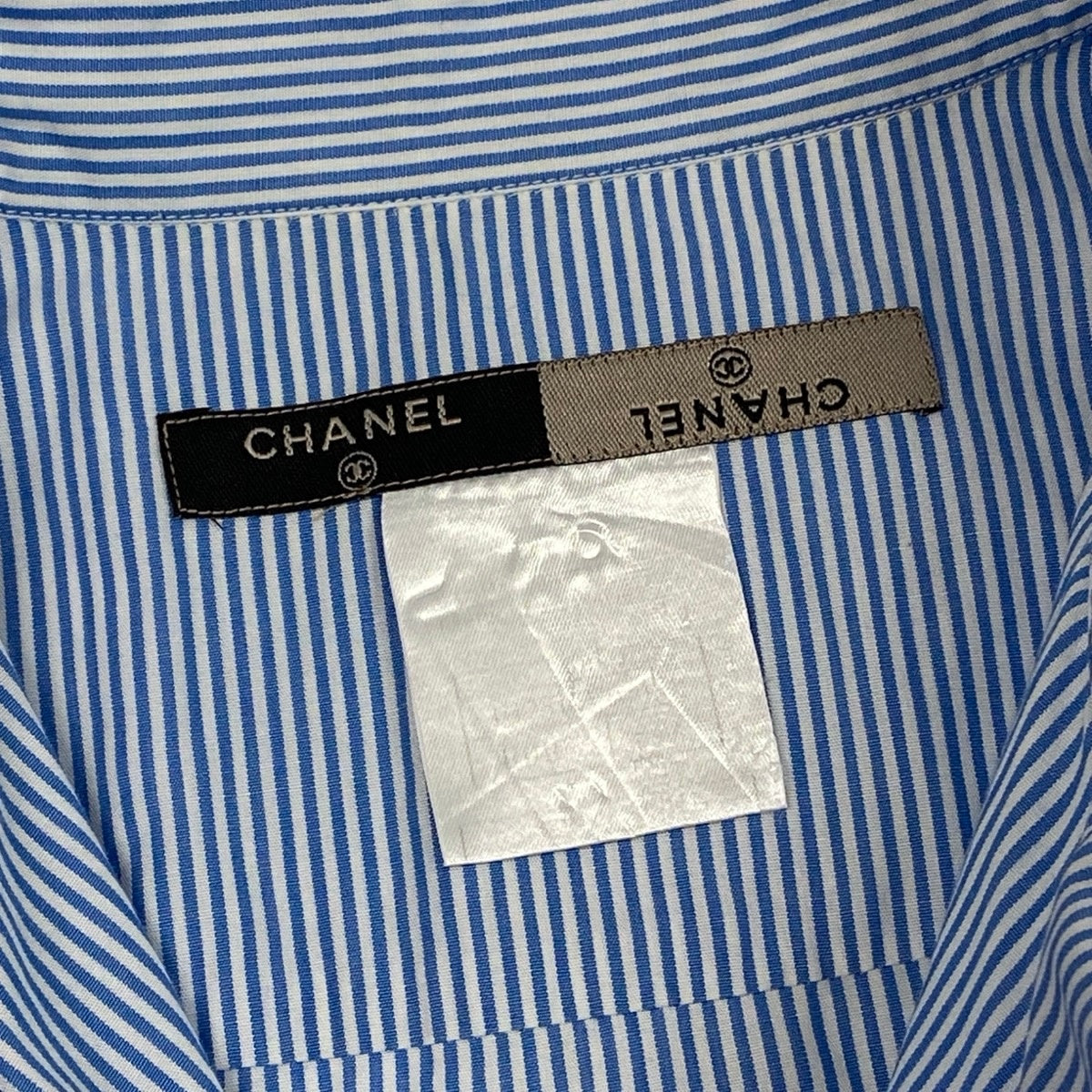 j1 CHANEL シャネル 1999 CCロゴ ストライプ 半袖シャツ Short-Sleeve Striped Shirt with CC Logo Size 40 Blue/White 100% Cotton Women'st18r