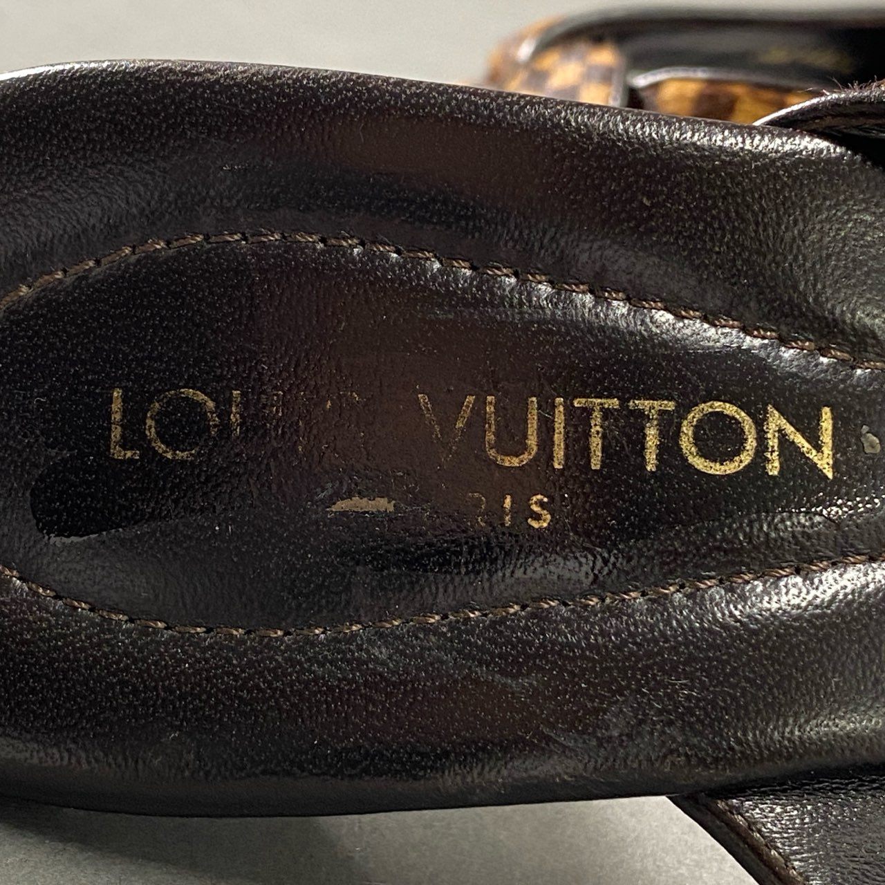 5f28 LOUIS VUITTON ルイヴィトン ハラコダミエ ヒールサンダル 38 ブラウン レザー イタリア製 シューズ モノグラム LV