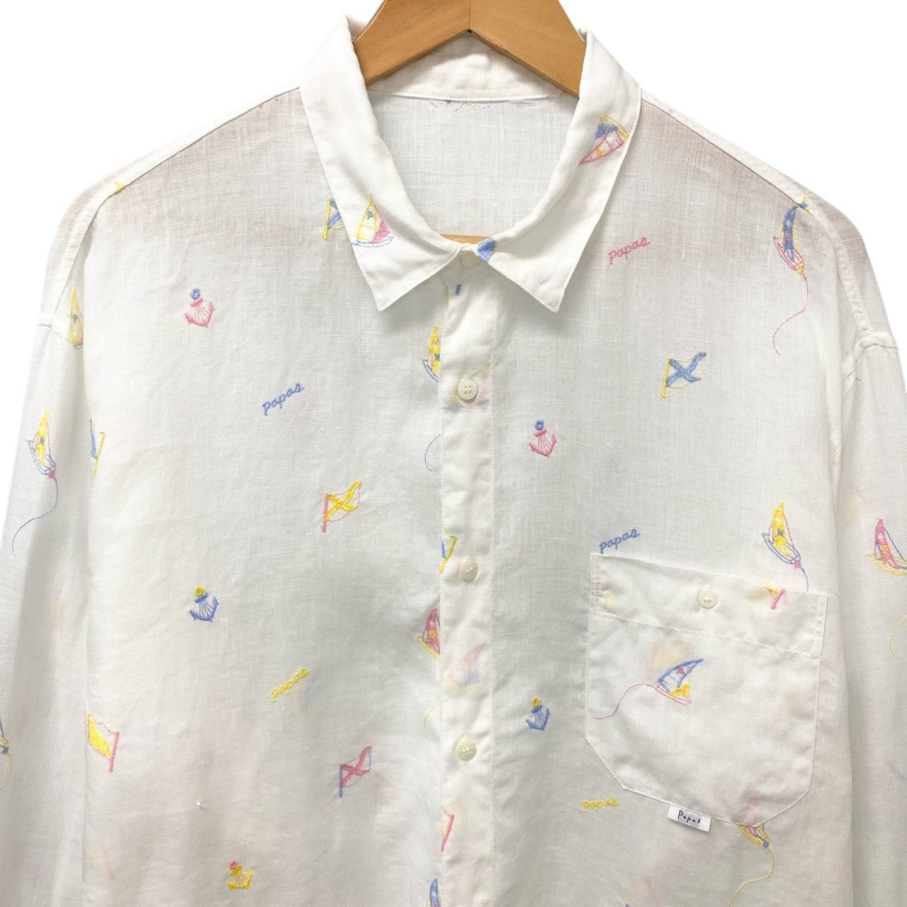 5c6 《美品》 Papas パパス リネンシャツ 長袖シャツ トップス 刺繍 LL ホワイト 麻100％ メンズu02t