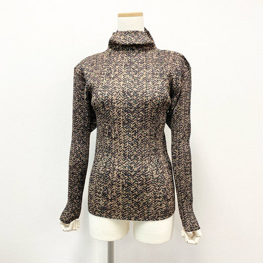 34i18 《極美品》PLEATS PLEASE プリーツプリーズ ハイネック長袖カットソー トップス 総柄  3サイズ マルチカラー レディース 女性用u02t