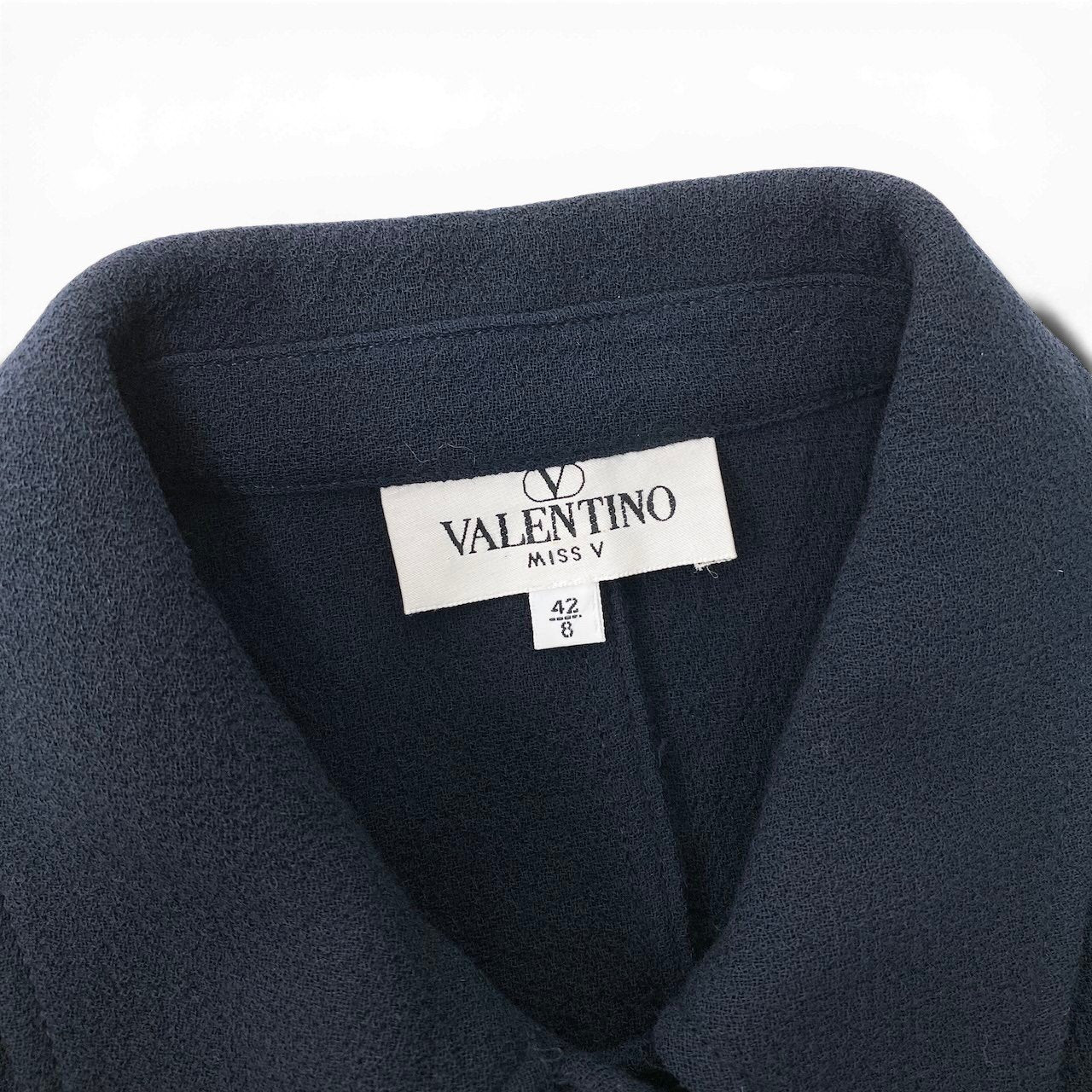 91g24 VALENTINO ヴァレンティノ ロングスリーブシャツワンピース ロゴボタン ドレス 42/8 サイズ ダークネイビー ウール100％ レディース 女性用u02t