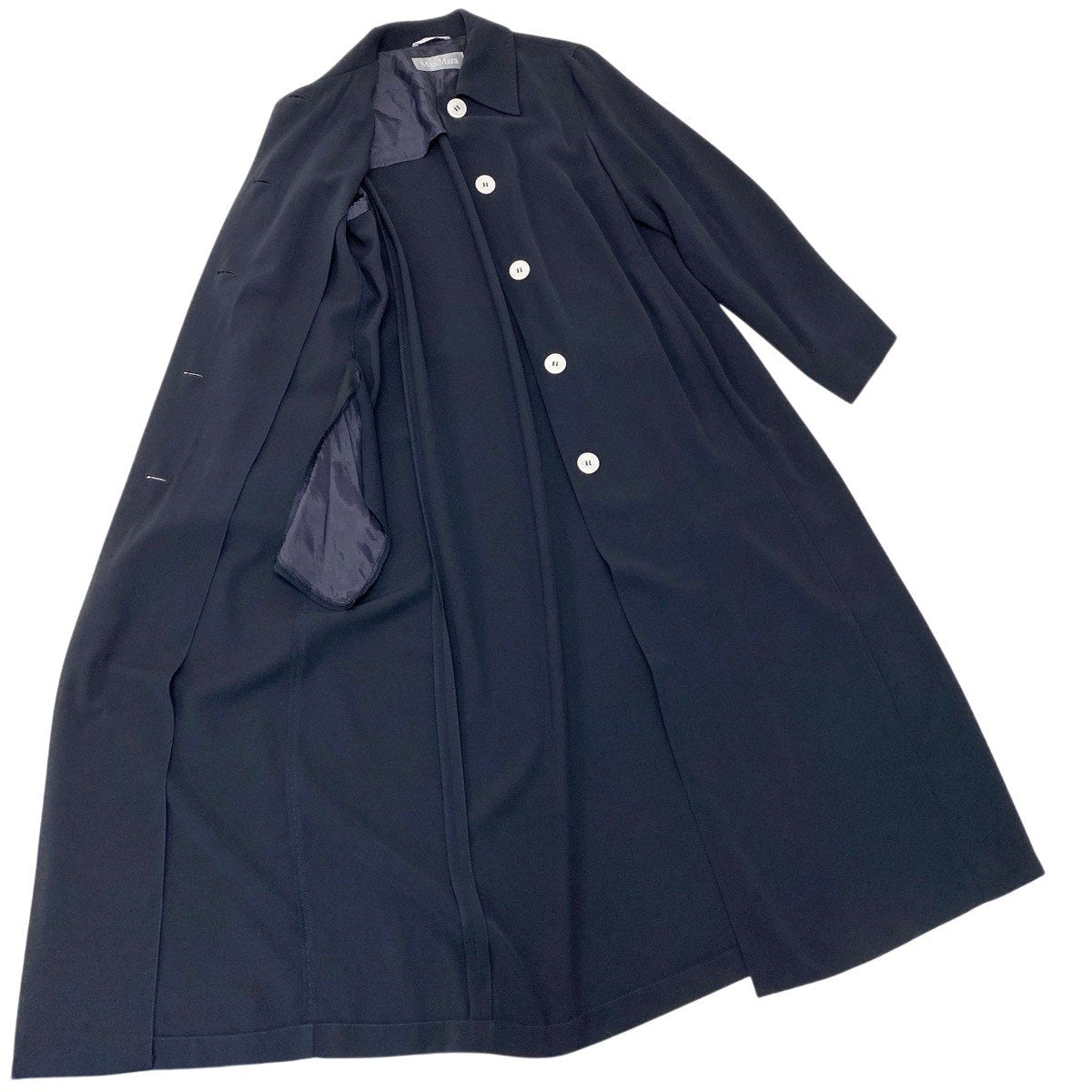25g14 Max Mara マックスマーラ ステンカラーコート ロングコート 薄手 サイズ40 イタリア製 ネイビー レディースu02t