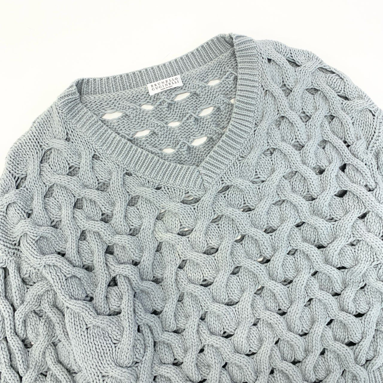 62d3 BRUNELLO CUCINELLI ブルネロクチネリ イタリア製 ケーブル編み コットンニット Vネック セーター トップス グレー レディースo07t