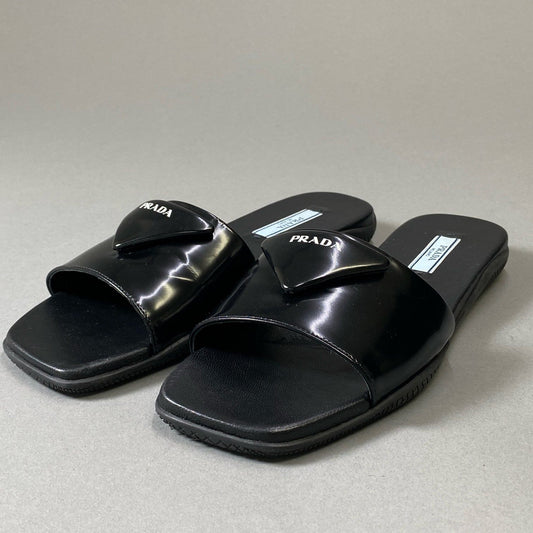 3i30 《美品》 PRADA プラダ トライアングルロゴ パデッドナッパレザーサンダル 35 1/2 ブラック ミュール 三角ロゴ シューズt18r