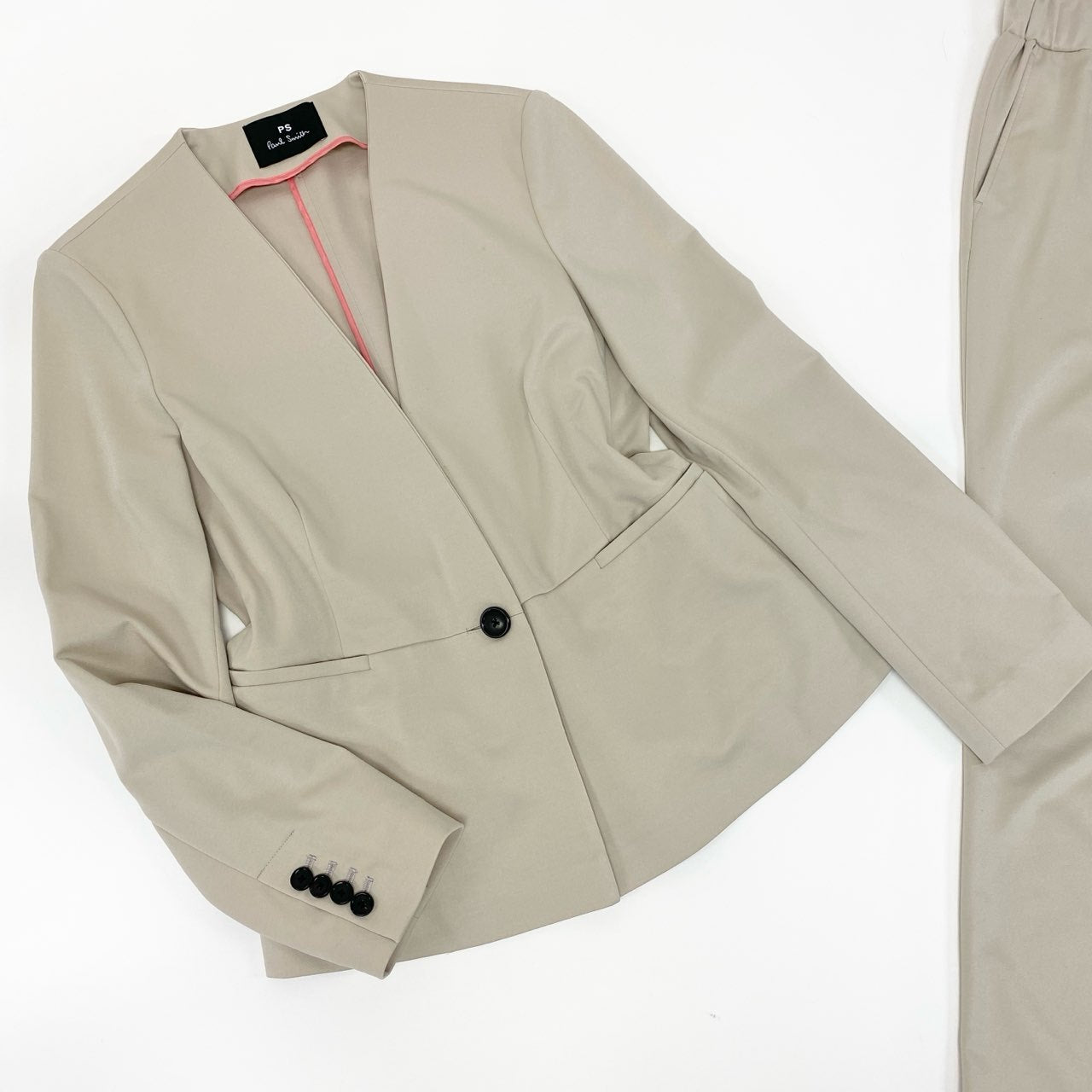 23i17 PS Paul Smith ポールスミス セットアップ ノーカラージャケット イージーパンツ ボトムス 大きいサイズ 42 XLサイズ相当 ベージュ レディースk02i