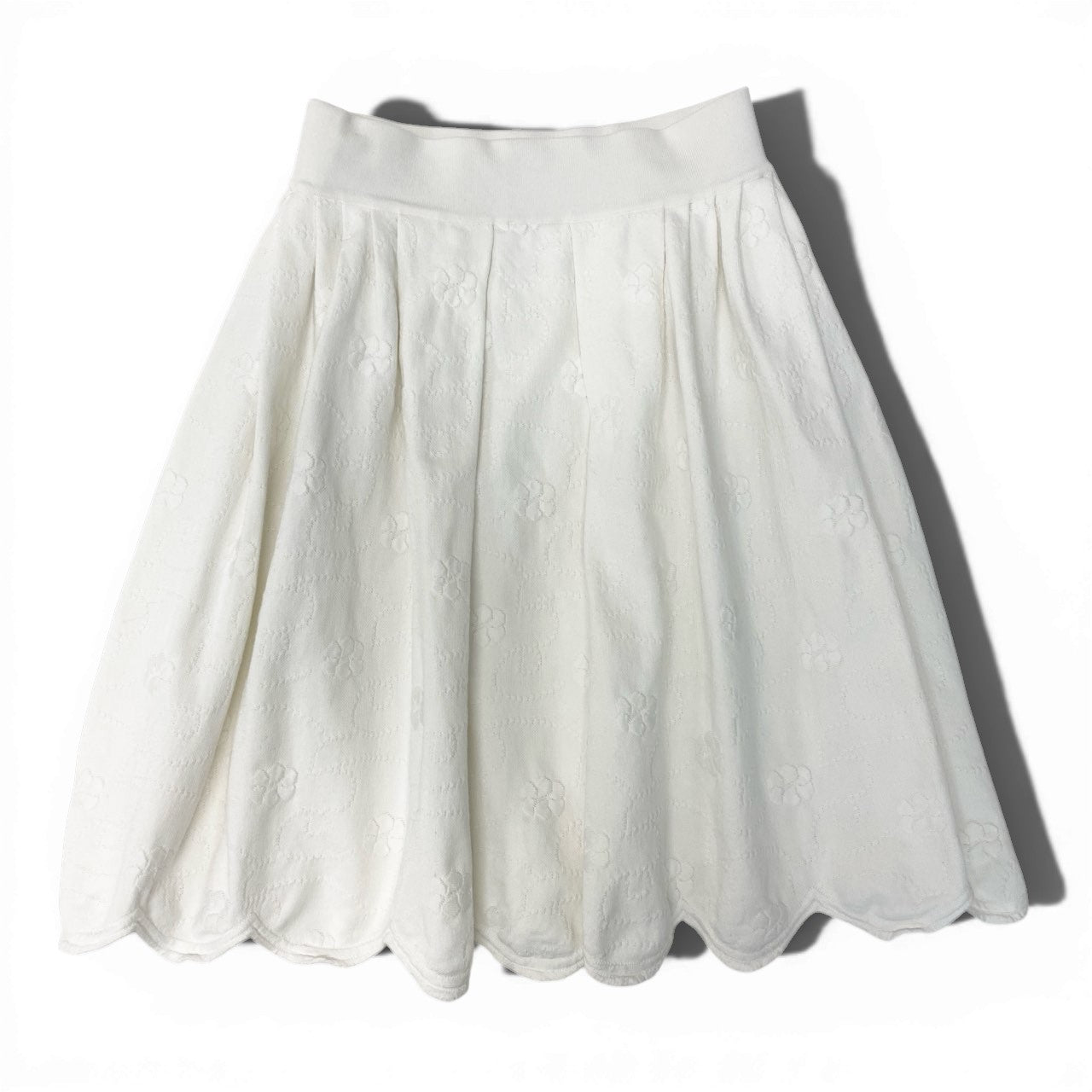 42b27 CHANEL シャネル P45288 ココマーク付き ジャガード カメリア ニットスカート サイズ36 ホワイト レディースk02i