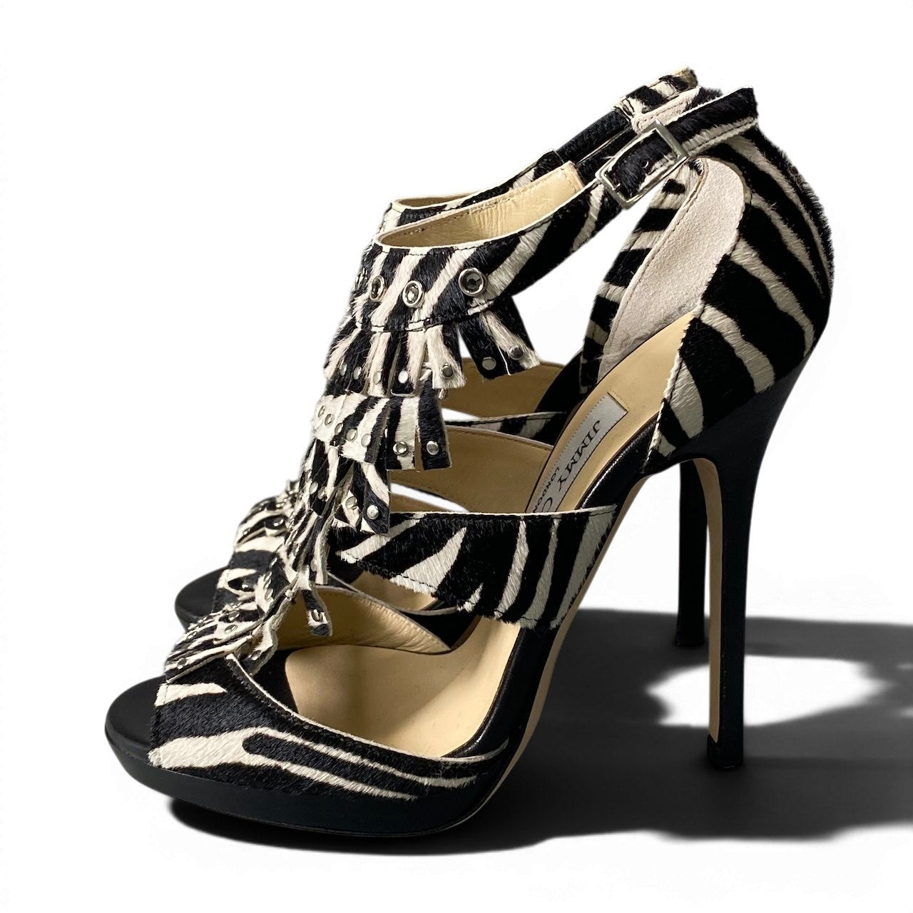 e13 JIMMY CHOO ジミーチュウ オープントゥ ヒールパンプス ハラコ ゼブラ柄 スタッズ ハイヒール 36 1/2 ブラック ホワイト レディース 女性用k02i