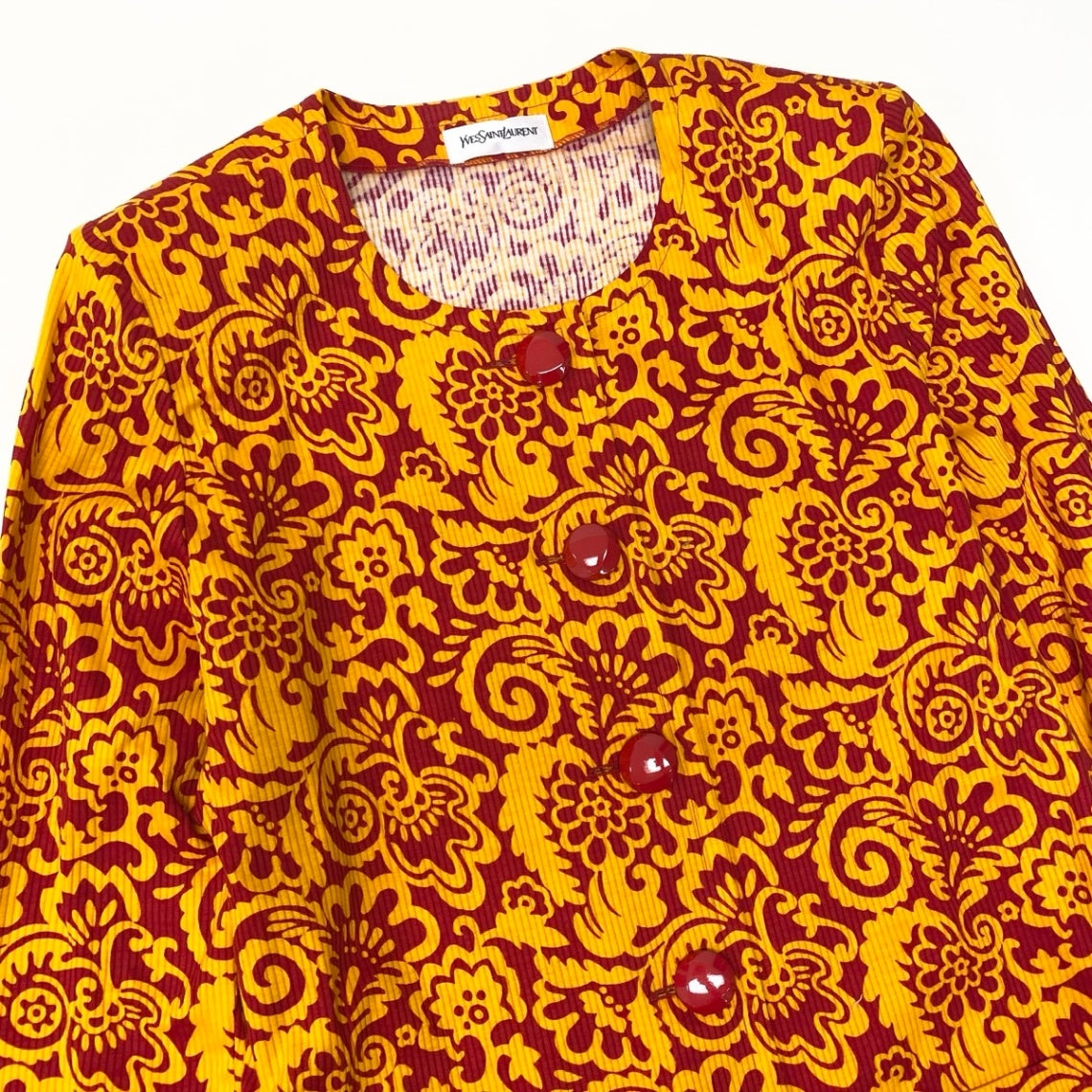 Ef15 Yves Saint Laurent イヴサンローラン 総柄プリント ノーカラージャケット アウター Mサイズ オレンジ レッド コットン レディースo07t