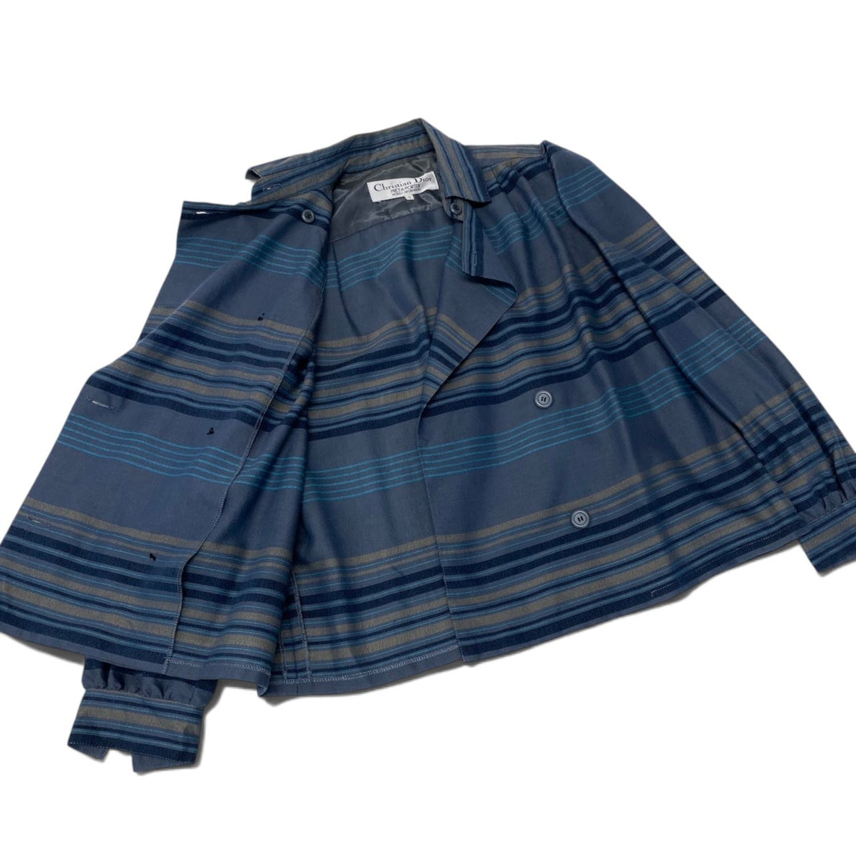 85i15 Christian Dior クリスチャンディオール セットアップスカート ダブルブレストジャケット プリーツスカート ボーダー柄 サイズ7 グレー レディースo07t