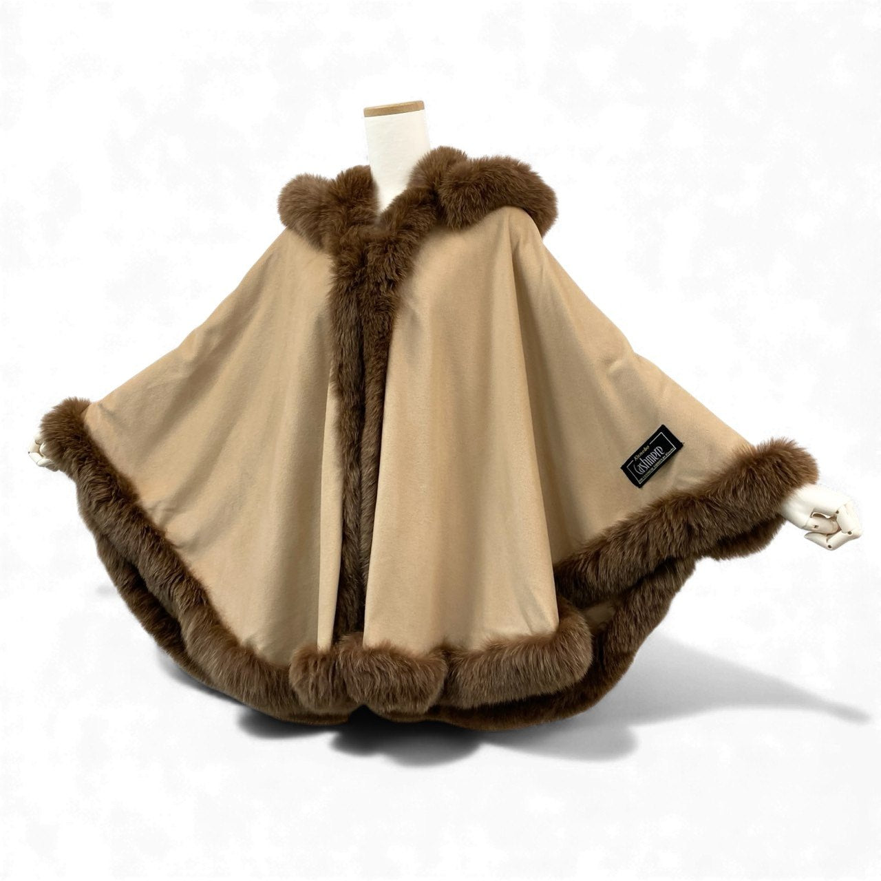 12L15 PIERRE BALMAIN ピエールバルマン カネボウ 総カシミア ポンチョ ケープコート アウター フォックスファー キャメルブラウン カシミア レディース 女性用k02i