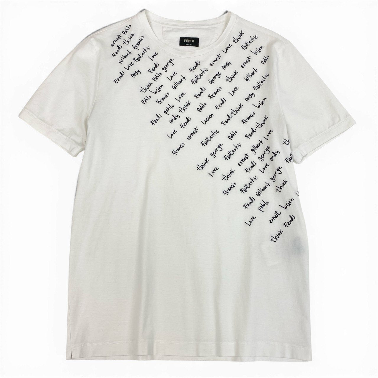 Ma30 FENDI フェンディ 半袖Tシャツ クルーネックTシャツ エンブロイダリーTシャツ 文字刺繍 48サイズ ホワイト コットン100％ メンズ 男性用o07t