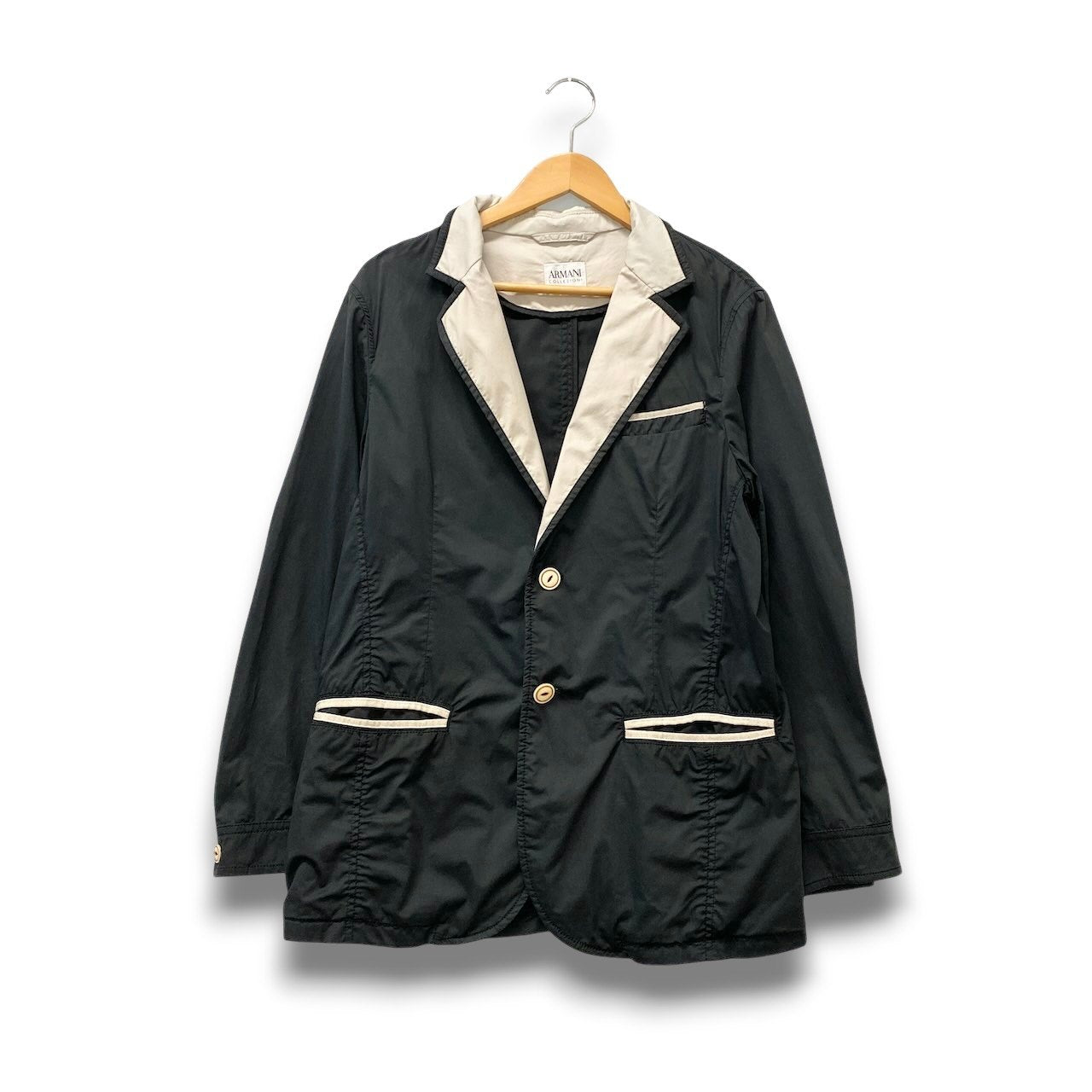 10c29 ARMANI COLLEZIONI アルマーニコレツィオーネ テーラードジャケット カジュアルジャケット 薄手 バイカラー コットンブレンド メンズ 紳士服 イタリア製 48 ブラック ベージュk02i
