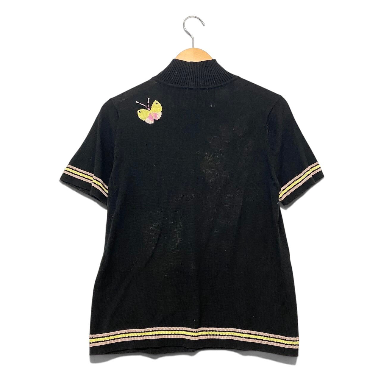 35h31 LEONARD レオナール ハイネック 半袖ニットセーター 鳥 花柄 ロゴ刺繍 カシミヤ混  40サイズ ブラック レディース 女性用u02t