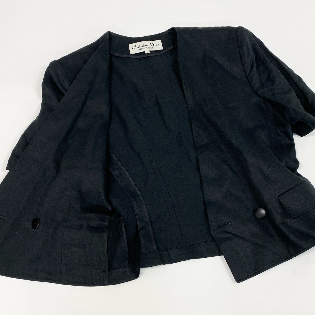 36a30 Vintage Christian Dior ヴィンテージ クリスチャンディオール ノーカラー 半袖ジャケット Collarless Short Sleeve Jacket Lサイズ ブラック リネン linen レディースo07t