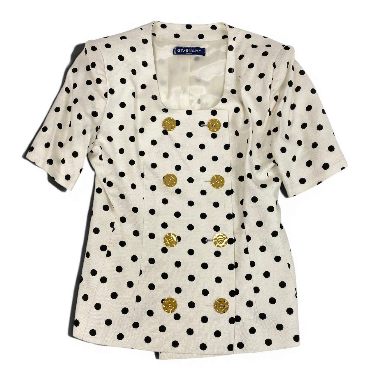 48d16 GIVENCHY ジバンシー Vintage 半袖ジャケット 金ボタン ポルカドット柄 フランス製 ホワイト ブラック レディース 女性用u02t