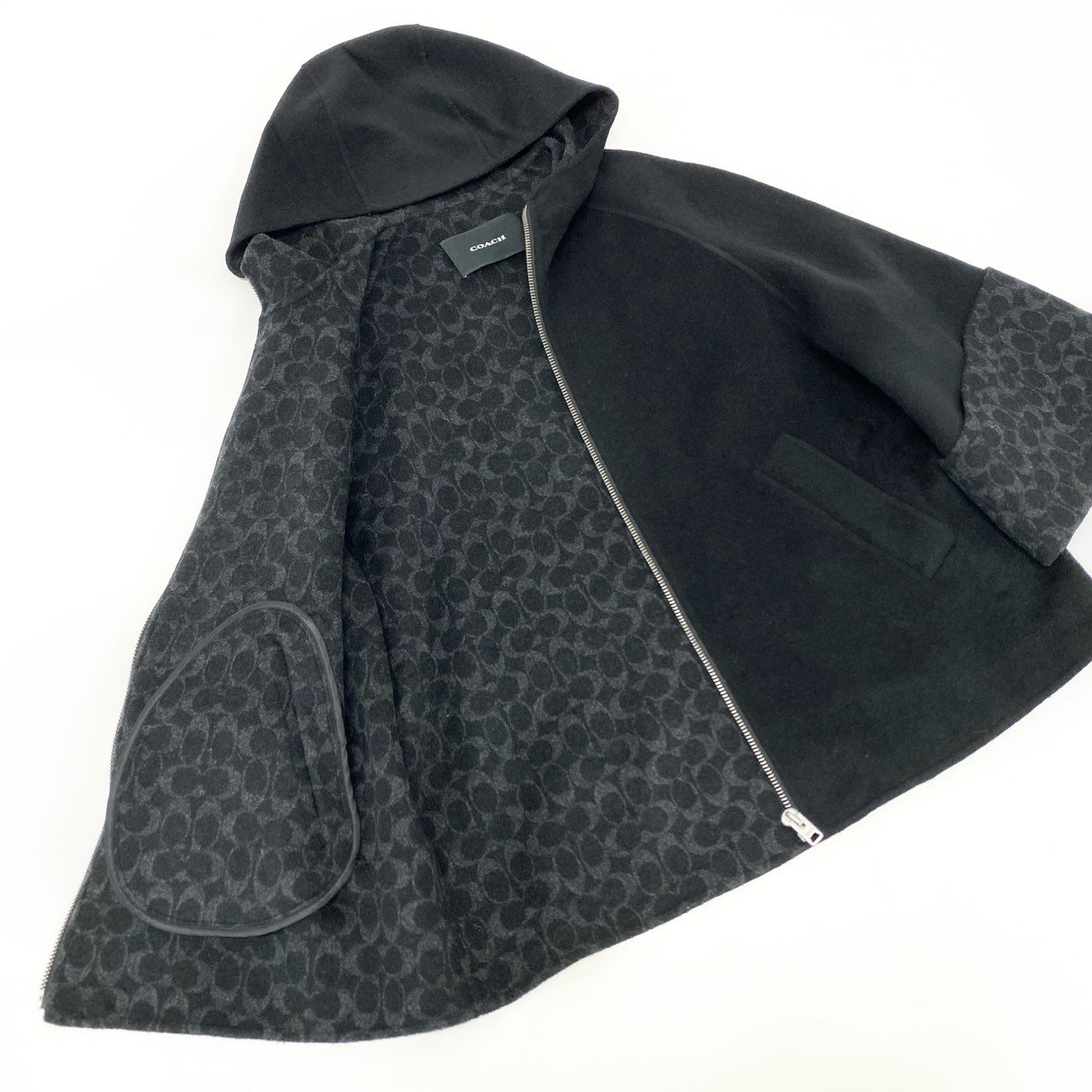 15K18 COACH コーチ ウールケープ フーデッド ハーフコート フルジップ 切替ロゴ ウールブレンド レディース 女性用 アウター CL278 XS/S ブラックマルチu02t