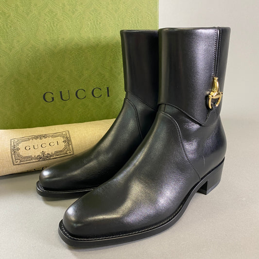 2h9《新品保管品》GUCCI グッチ アンクルブーツ ホースビット アーモンドトゥ 750320 6 ブラック レザー メンズk02i