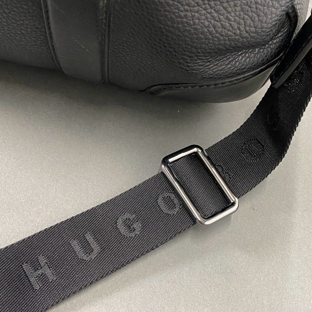 Ah15 HUGO BOSS ヒューゴボス 2way ショルダーバッグ/ハンドバッグ ビジネスバッグ 書類かばん ロゴ ブラック オールレザー メンズ 男性用