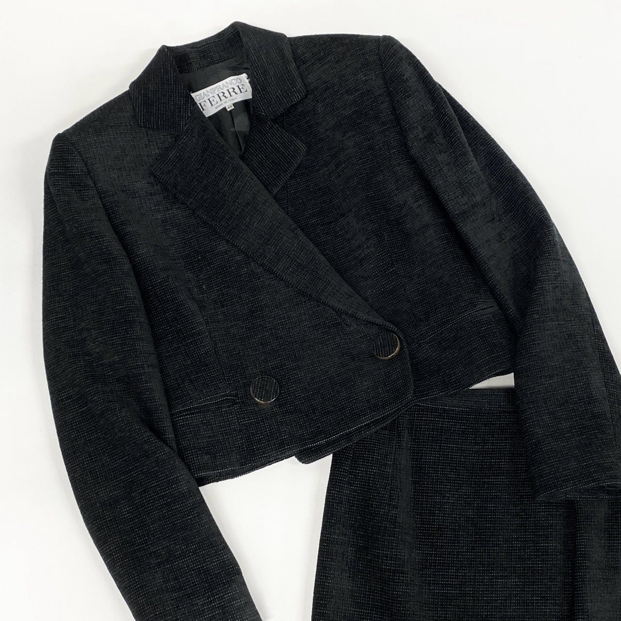 61g23 GIANFRANCO FERRE ジャンフランコフェレ VINTAGE セットアップ ジャケット スカート イタリア製 40 ブラック レディース