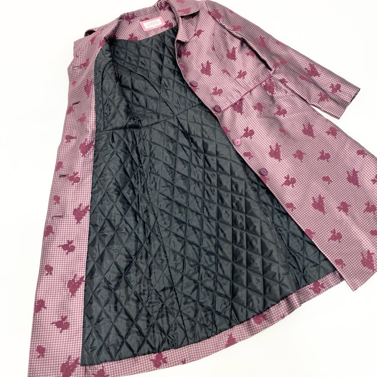 27j22 《美品》HANAEMORI ALMA EN ROSE ハナエモリ アルマアンローズ チェスターコート ギンガムチェック 花柄 キルティング 38サイズ パープル レディースu02t