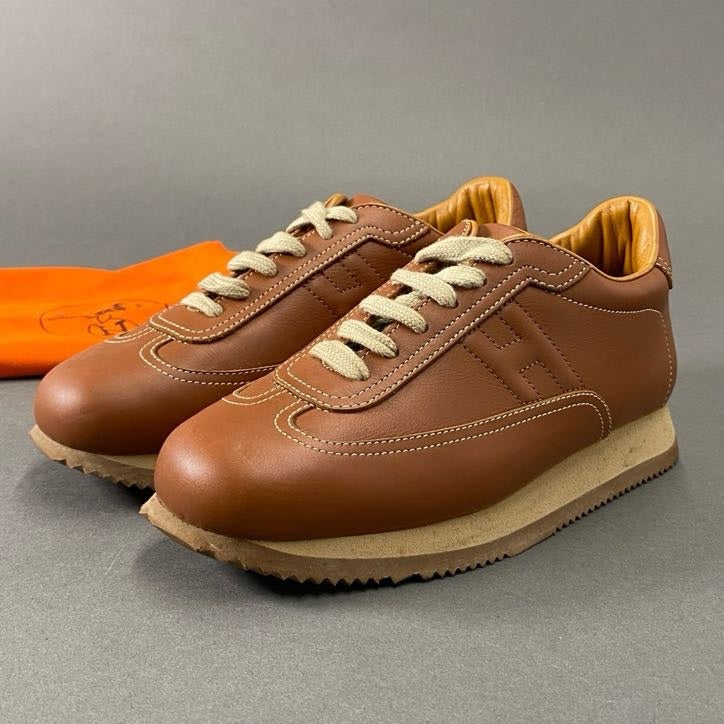 1h14 HERMES エルメス Quick Leather Sneakers クイック レザー スニーカー 37 1/2 ブラウン シューズ イタリア製