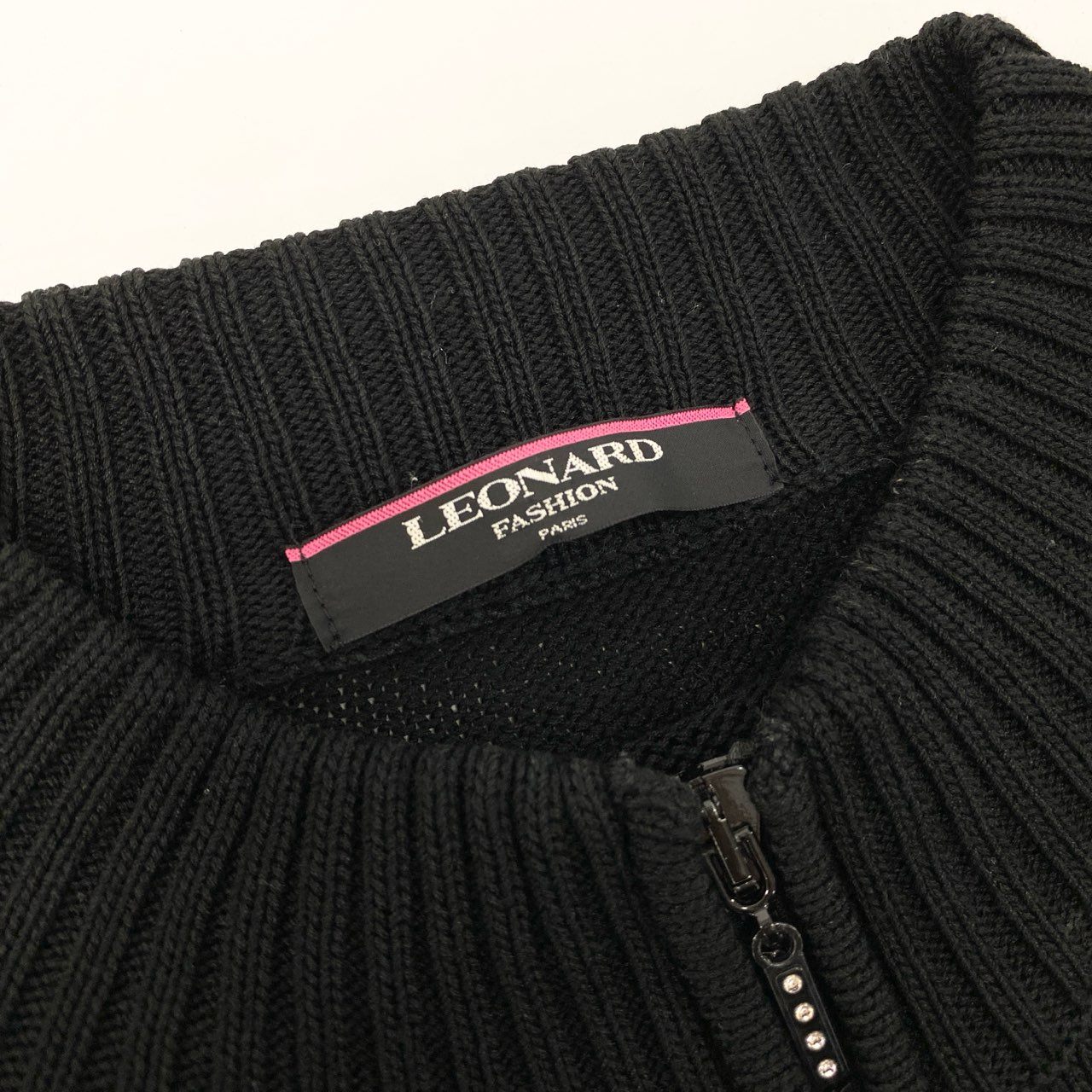 59k1 LEONARD FASHION レオナール ファッション 花柄刺繍 ラインストーン ジップアップ ニットジャケット セーター 日本製 Lサイズ ブラック コットン シルク レディースo07t