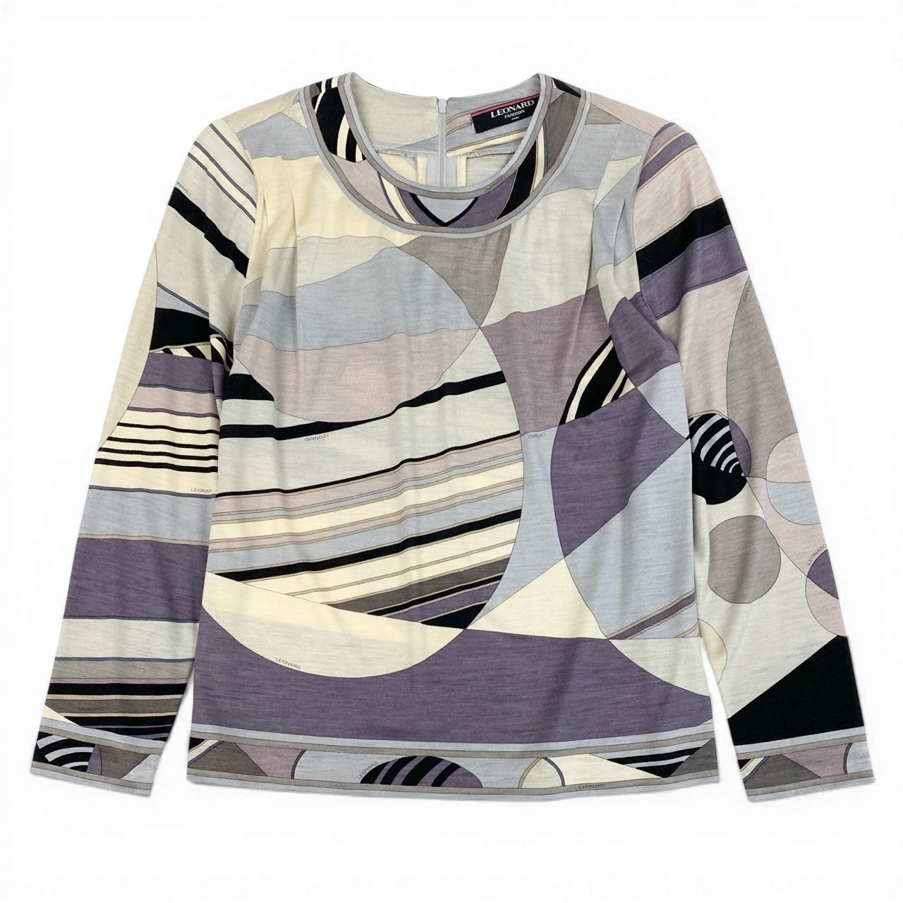 56d13 LEONARD FASHION レオナール ロングスリーブカットソー トップス 総柄プリント  サイズL マルチカラー ウールシルク混 レディース 女性用o07t