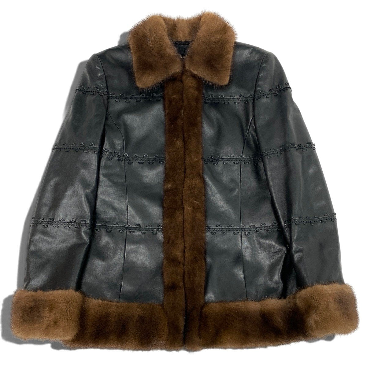 j1 ESCADA パステルミンクファー レザージャケット 毛皮ジャケット 36 ブラック ミンク レザーu02t