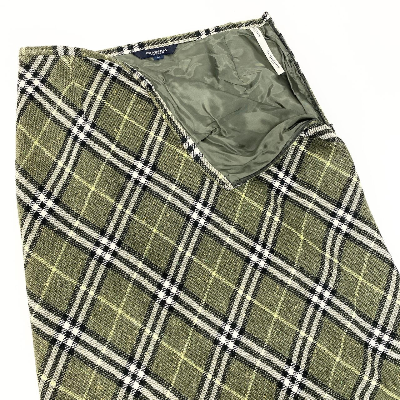 78d9 BURBERRY LONDON バーバリー ロンドン リネンブレンド チェックスカート Check Skirt サイズ40 カーキ 女性服 三陽商会t18r