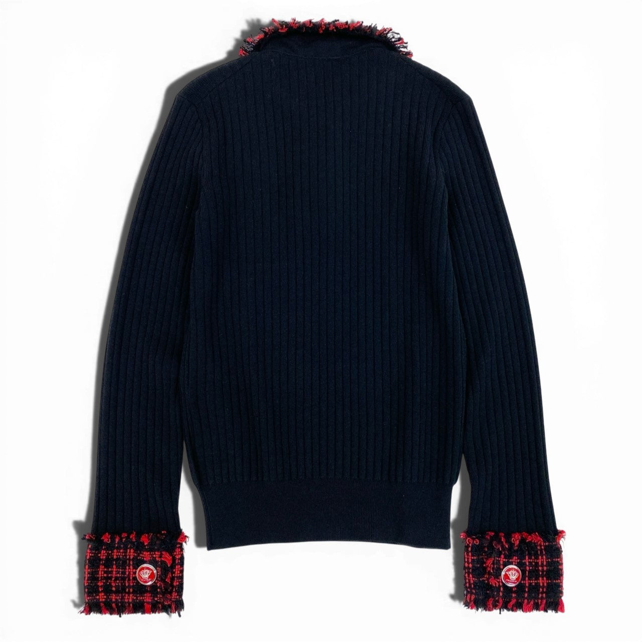 Ab19 【美品】 DOLCE&GABBANA ドルチェアンドガッパーナ ツイード リブニットカットソー ポロニット ロングスリーブ クラウンボタン イタリア製 ウール混 Tweed Detail Ribbed Knit Top サイズ38 ブラック レッドt18r