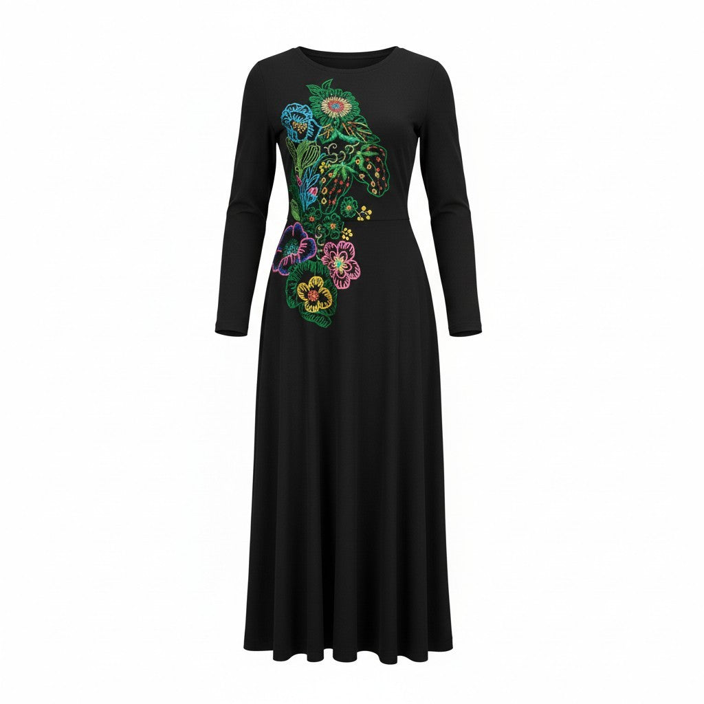 2k19《美品》 TOKUKO 1er VOL トクコプルミエヴォル ロングワンピース 長袖ワンピース 花柄刺繍 伸縮ストレッチ 9 ブラック レディースu02t